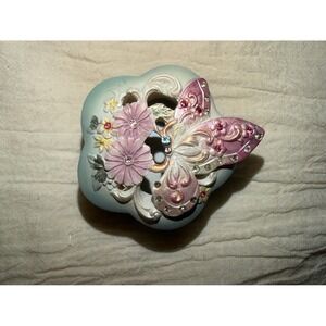 Pink and blue butterfly and floral and rhinestones trinket box 2"